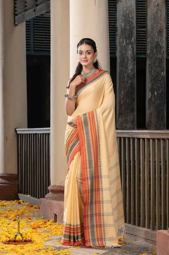Sand Yellow Green Cotton Mahapar Border With Stripe Pallu Handloom Saree Without Blouse