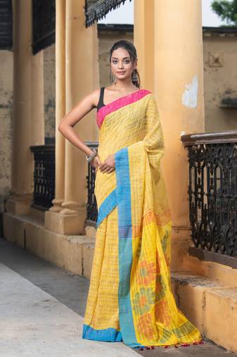 Zinc Yellow Cotton Ghicha Ganga Yamuna Border Jamdani Saree