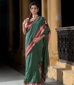 Lagoon Green Cotton Solid Body Jacquard Border With Pallu Stripe Handloom Saree