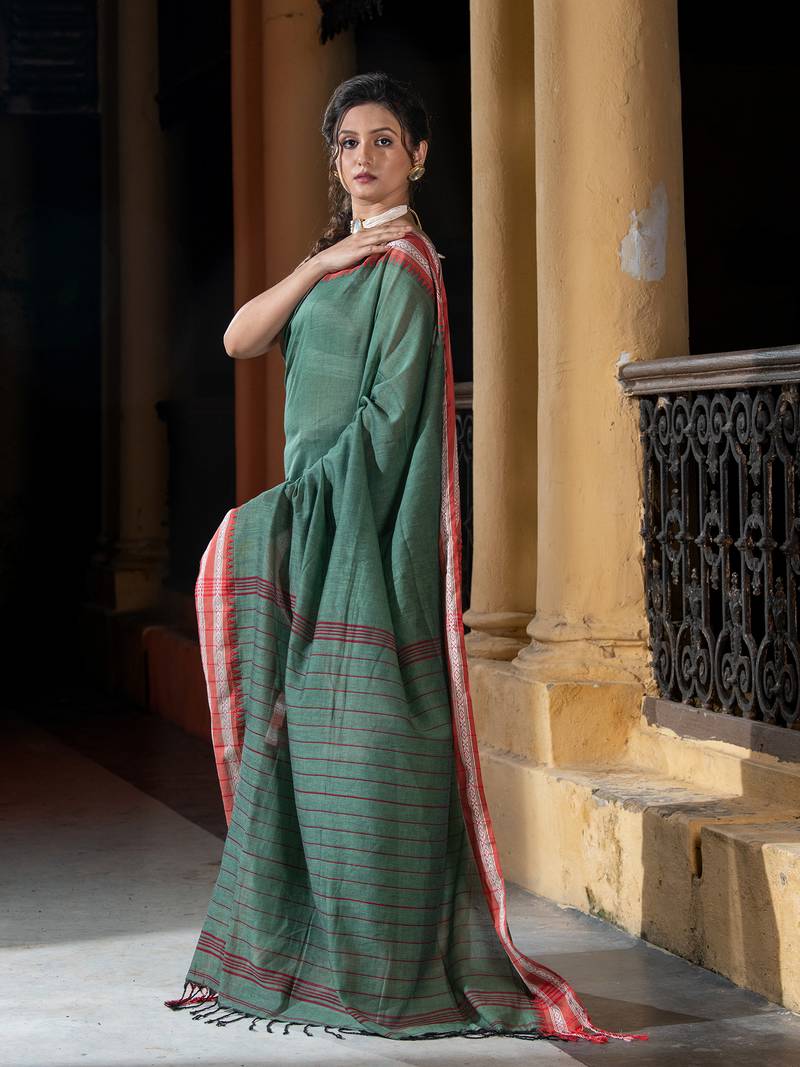 Lagoon Green Cotton Solid Body Jacquard Border With Pallu Stripe Handloom Saree