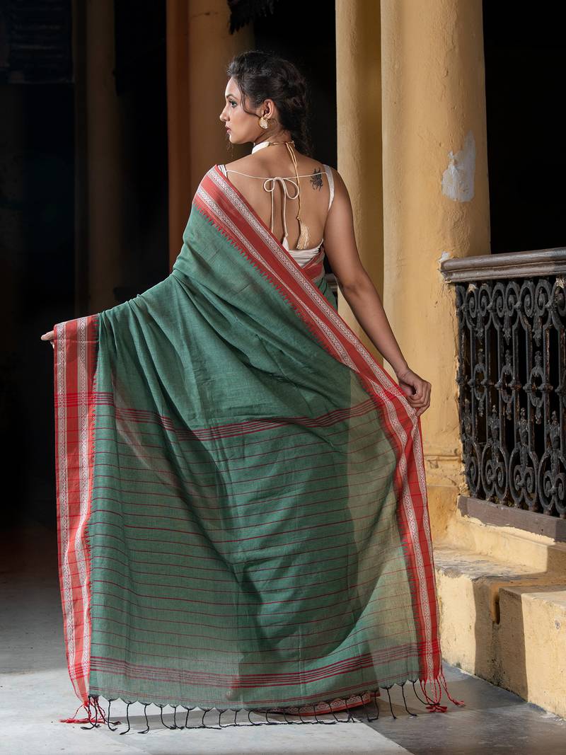 Lagoon Green Cotton Solid Body Jacquard Border With Pallu Stripe Handloom Saree
