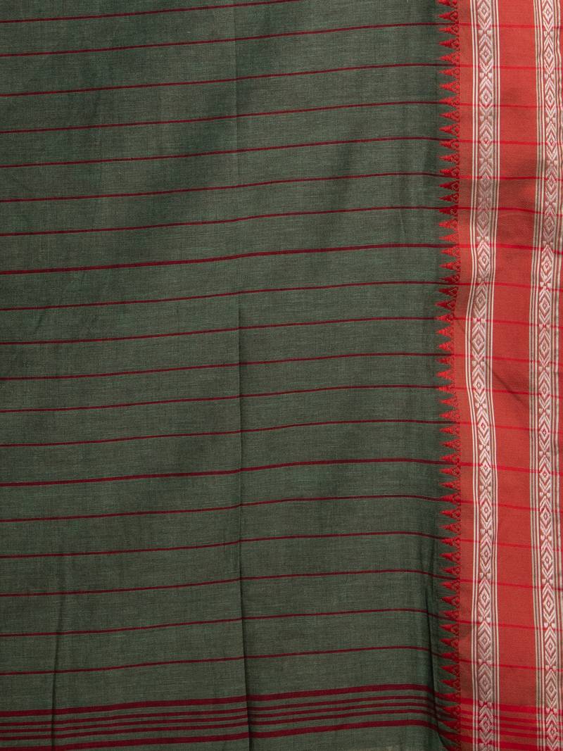 Lagoon Green Cotton Solid Body Jacquard Border With Pallu Stripe Handloom Saree