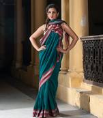 Rama Green Cotton Solid Body Jacquard Border With Pallu Stripe Handloom Saree
