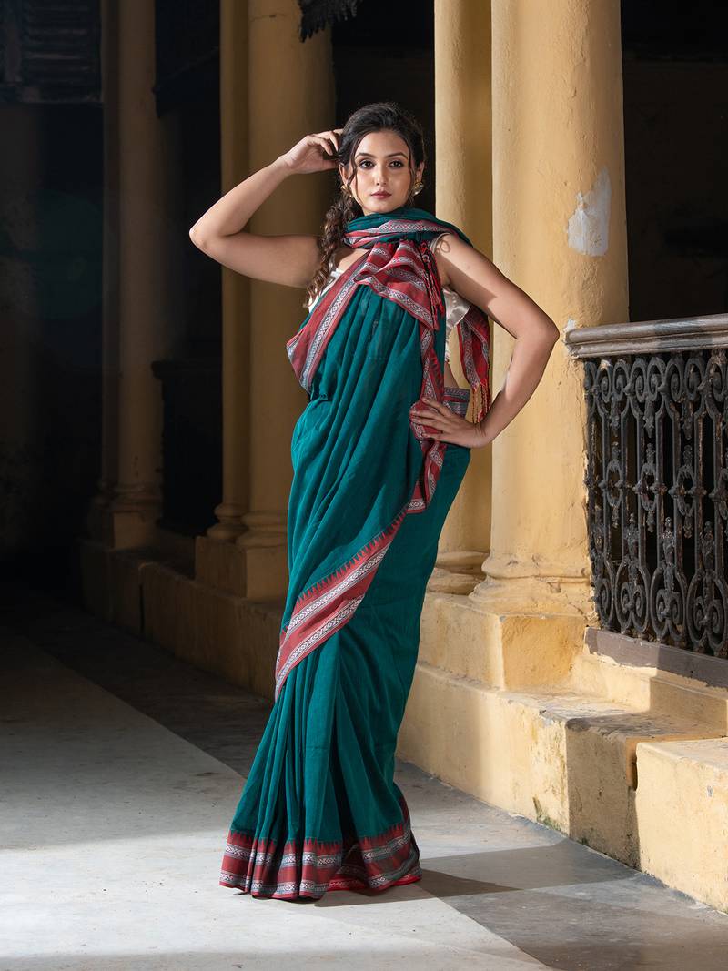 Rama Green Cotton Solid Body Jacquard Border With Pallu Stripe Handloom Saree