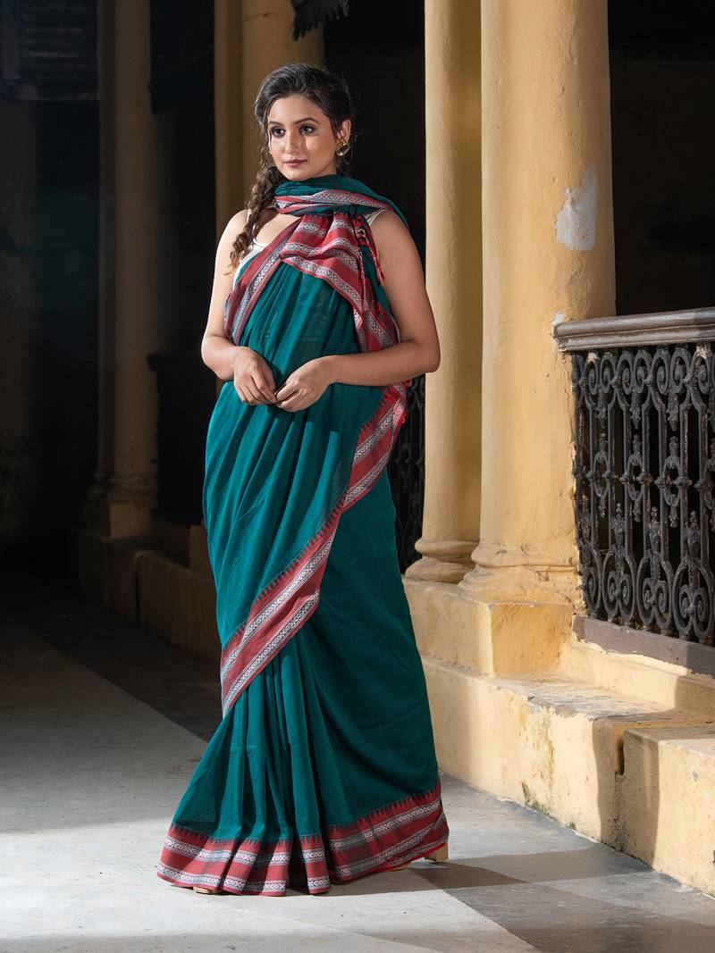 Rama Green Cotton Solid Body Jacquard Border With Pallu Stripe Handloom Saree