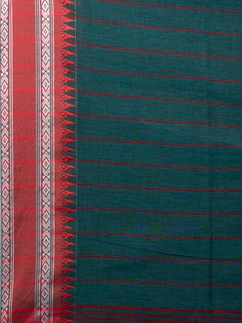 Rama Green Cotton Solid Body Jacquard Border With Pallu Stripe Handloom Saree