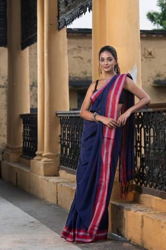 Cobalt Blue Cotton Solid Body Jacquard Border With Pallu Stripe Handloom Saree