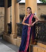 Cobalt Blue Cotton Solid Body Jacquard Border With Pallu Stripe Handloom Saree