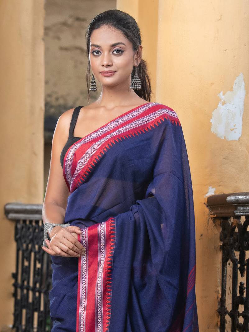 Cobalt Blue Cotton Solid Body Jacquard Border With Pallu Stripe Handloom Saree