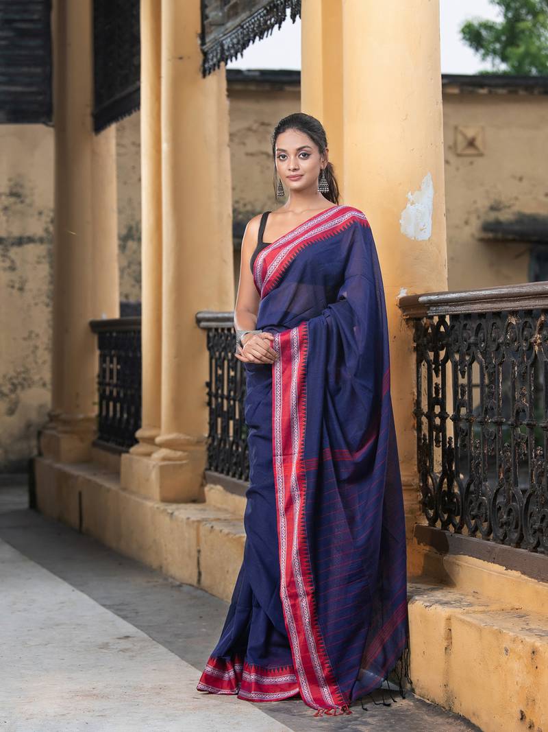 Cobalt Blue Cotton Solid Body Jacquard Border With Pallu Stripe Handloom Saree