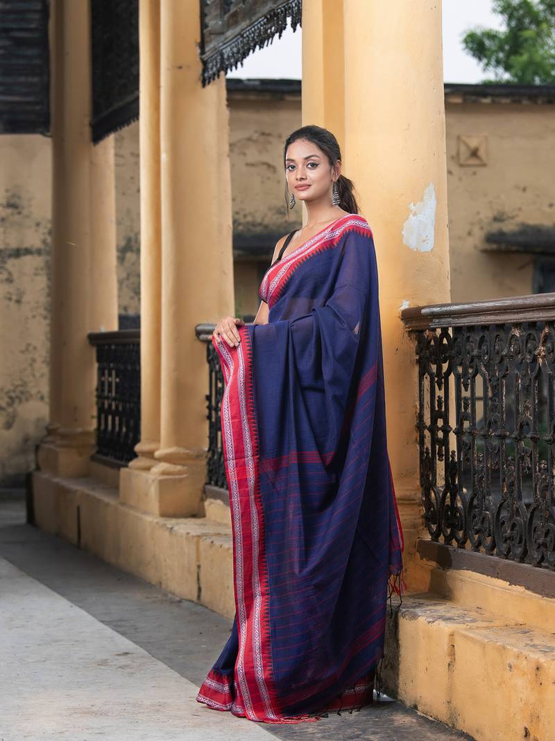 Cobalt Blue Cotton Solid Body Jacquard Border With Pallu Stripe Handloom Saree