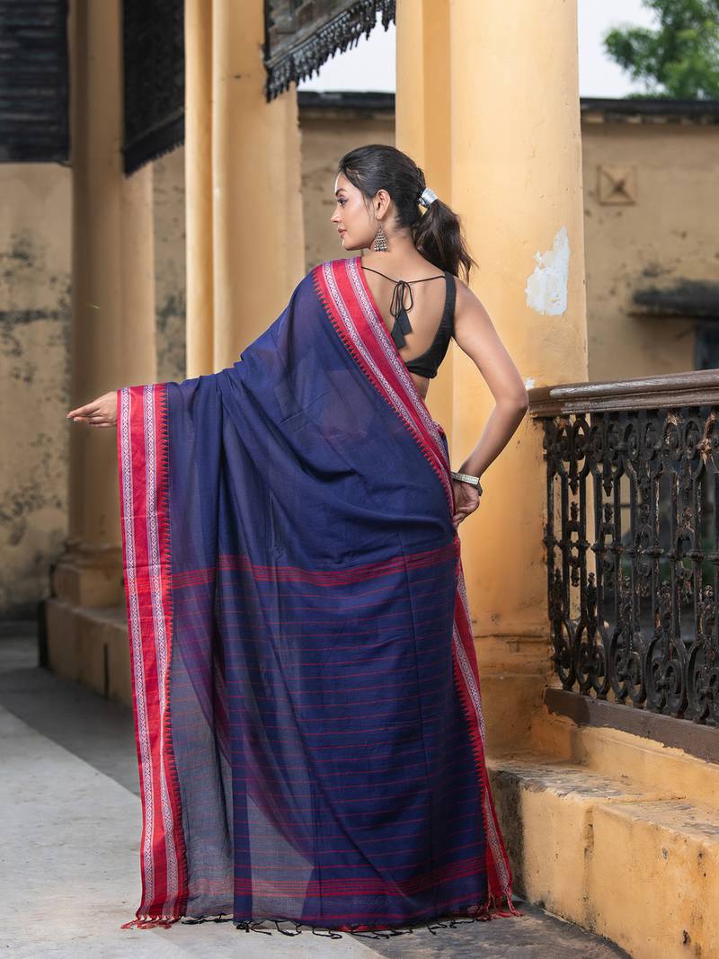 Cobalt Blue Cotton Solid Body Jacquard Border With Pallu Stripe Handloom Saree