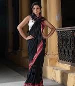 Black Cotton Solid Body Jacquard Border With Pallu Stripe Handloom Saree