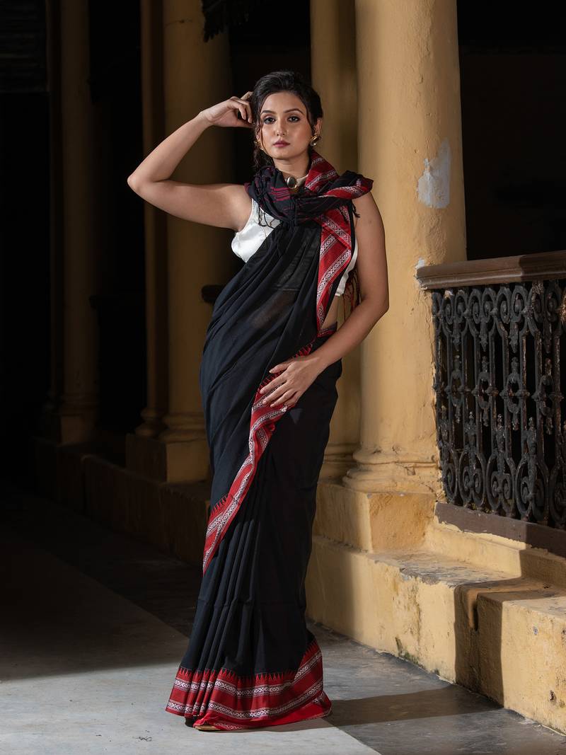 Black Cotton Solid Body Jacquard Border With Pallu Stripe Handloom Saree