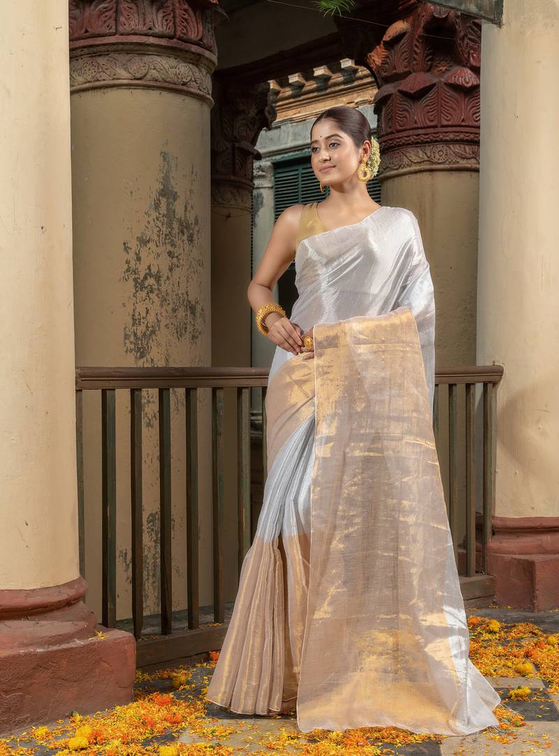 Silver & Golden Handloom Tissue Saree