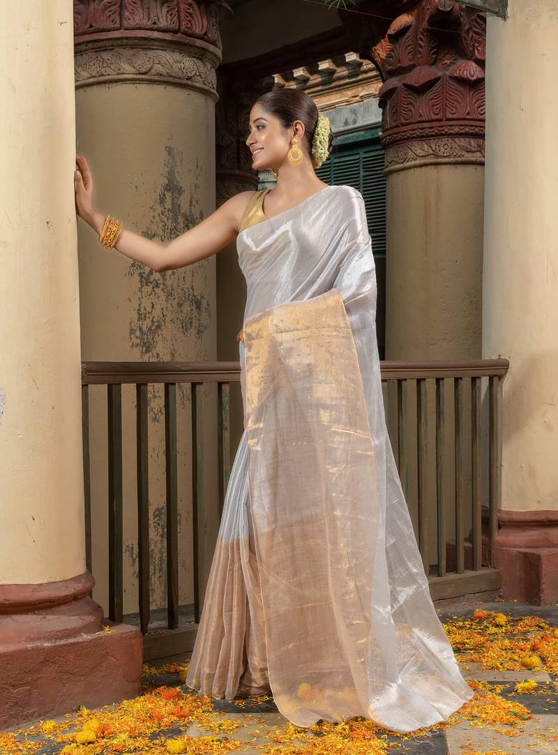 Silver & Golden Handloom Tissue Saree