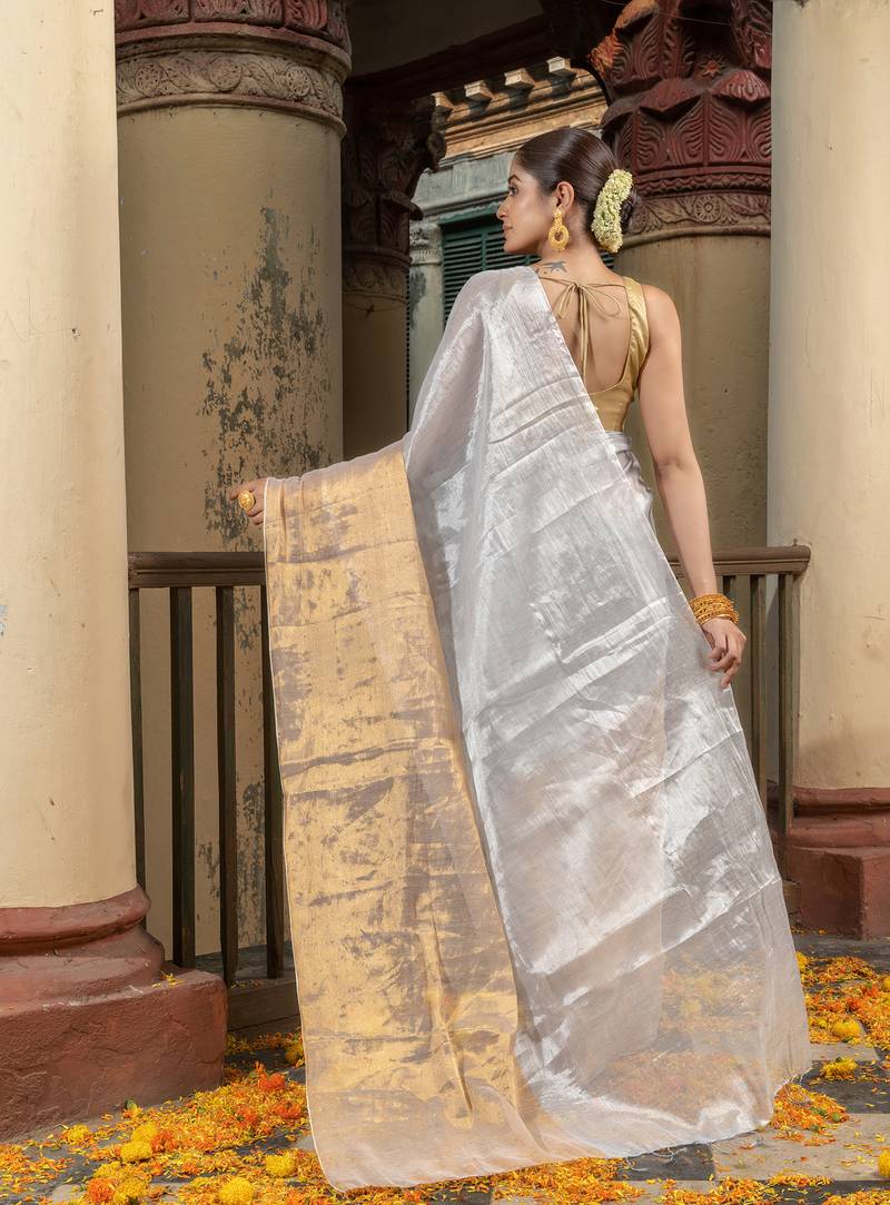 Silver & Golden Handloom Tissue Saree