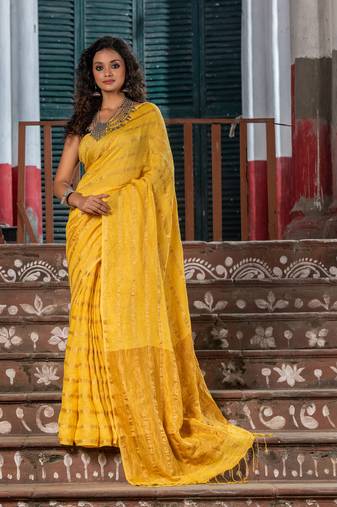 Sun Yellow Linen All Body Stripe With Pallu Zari Handloom Saree