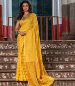 Sun Yellow Linen All Body Stripe With Pallu Zari Handloom Saree