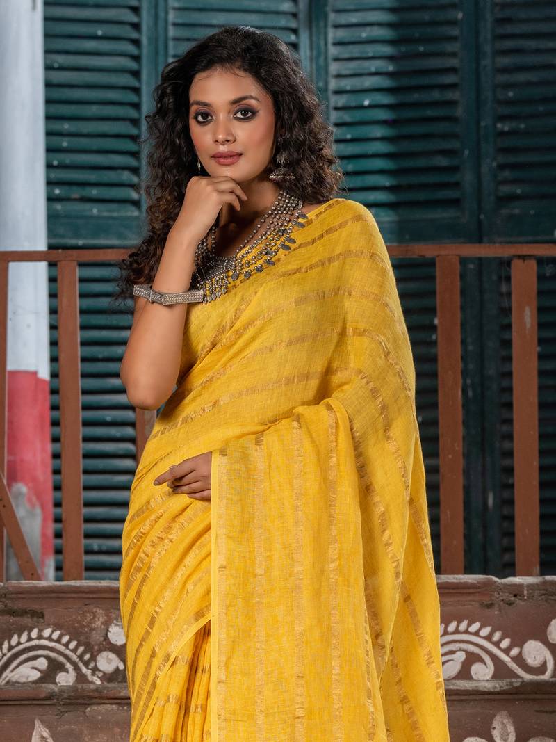 Sun Yellow Linen All Body Stripe With Pallu Zari Handloom Saree
