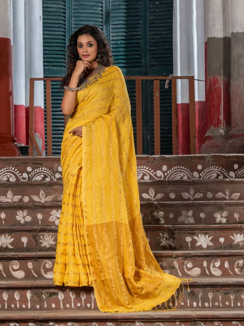 Sun Yellow Linen All Body Stripe With Pallu Zari Handloom Saree