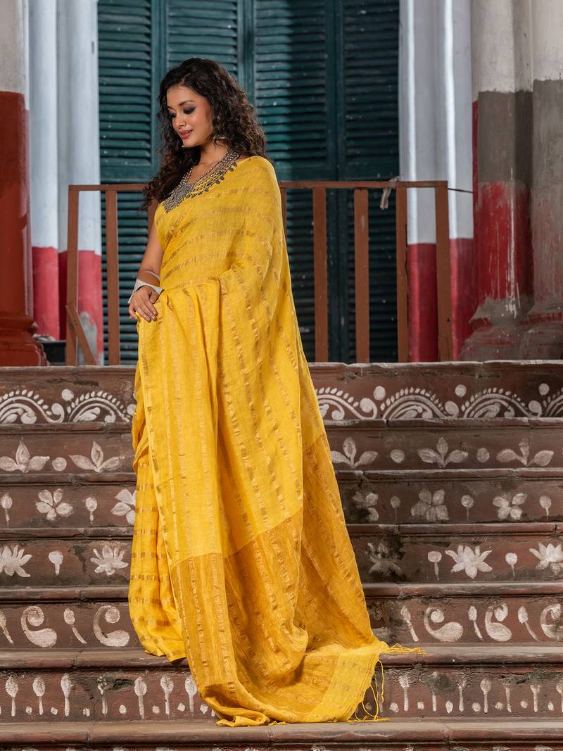 Sun Yellow Linen All Body Stripe With Pallu Zari Handloom Saree