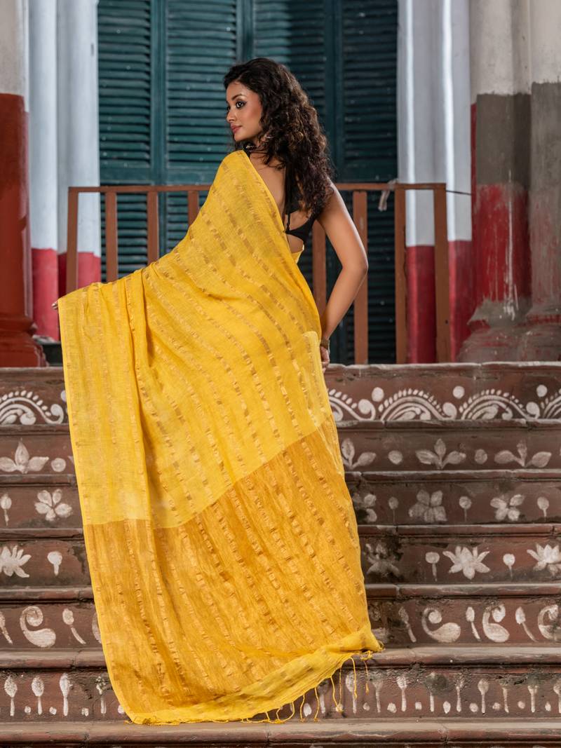 Sun Yellow Linen All Body Stripe With Pallu Zari Handloom Saree