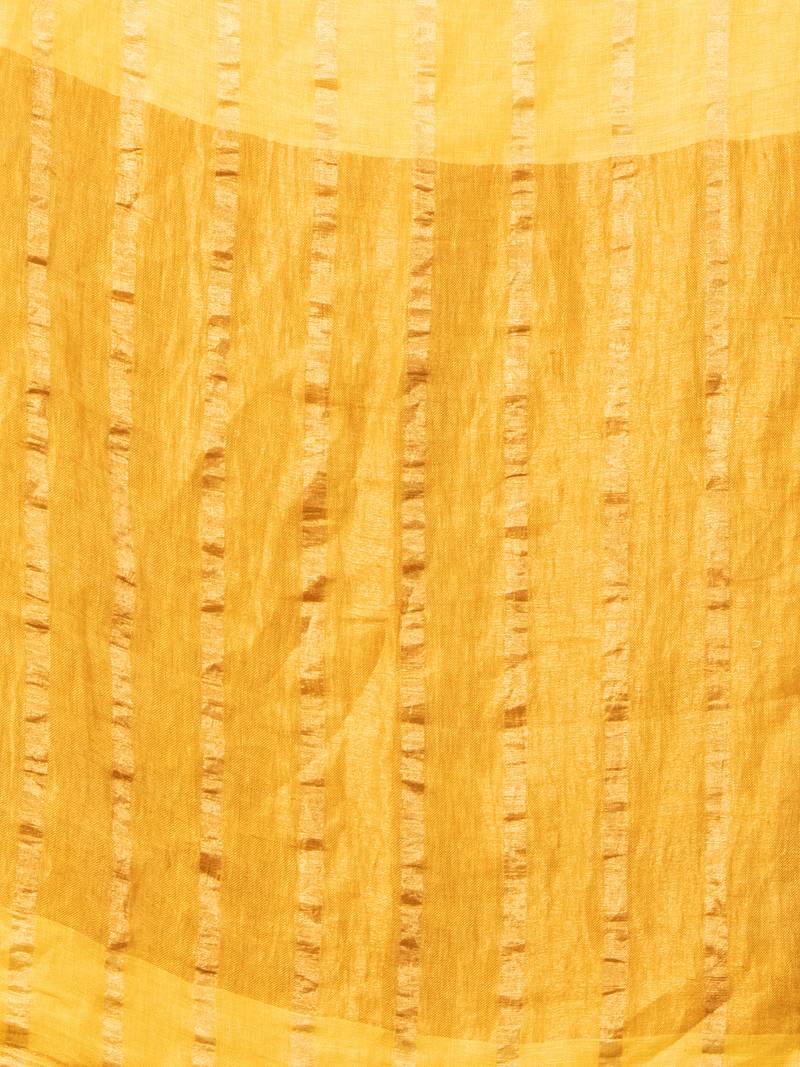 Sun Yellow Linen All Body Stripe With Pallu Zari Handloom Saree