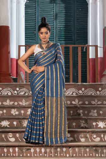Violet Blue Linen All Body Zari Stripe Handloom Saree