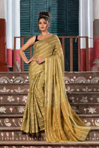 Moss Green Linen All Body Zari Stripe Handloom Saree