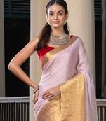 Pale Purple Linen Traditional Handloom Saree