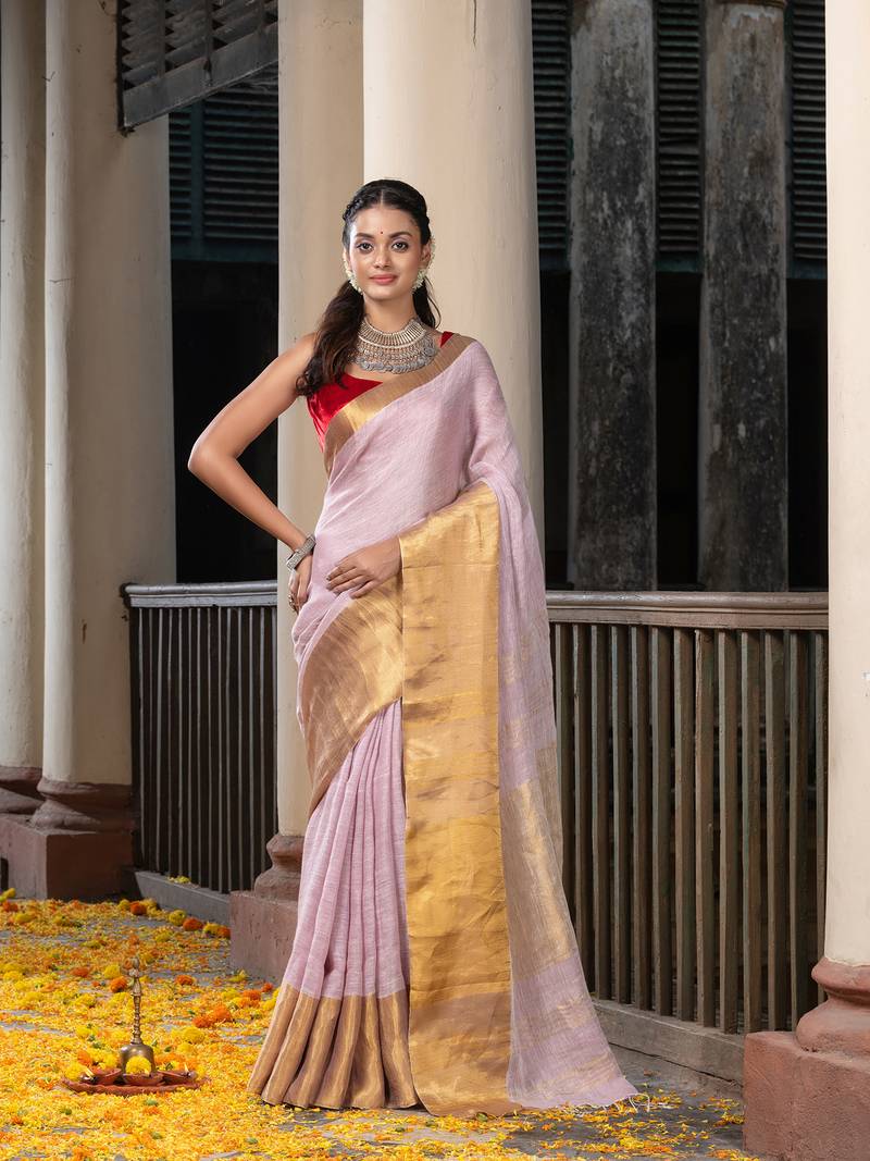 Pale Purple Linen Traditional Handloom Saree