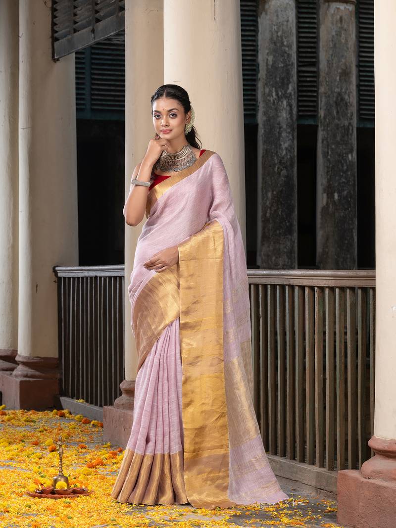 Pale Purple Linen Traditional Handloom Saree