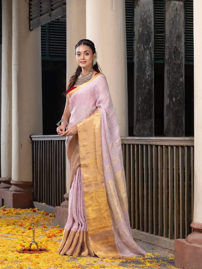 Pale Purple Linen Traditional Handloom Saree