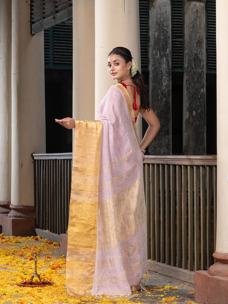 Pale Purple Linen Traditional Handloom Saree