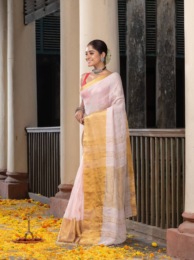 Light Pink Linen Traditional Handloom Saree