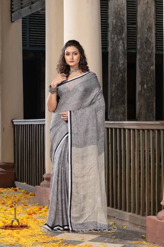 Grey Twill Weaving With Sage Green Pallu In White And Black Border Handwoven Linen Saree