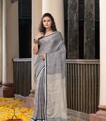 Grey Twill Weaving With Sage Green Pallu In White And Black Border Handwoven Linen Saree