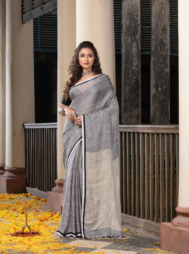 Grey Twill Weaving With Sage Green Pallu In White And Black Border Handwoven Linen Saree