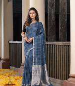 Denim Blue Linen All Body Check With Zari Pallu Handloom Saree