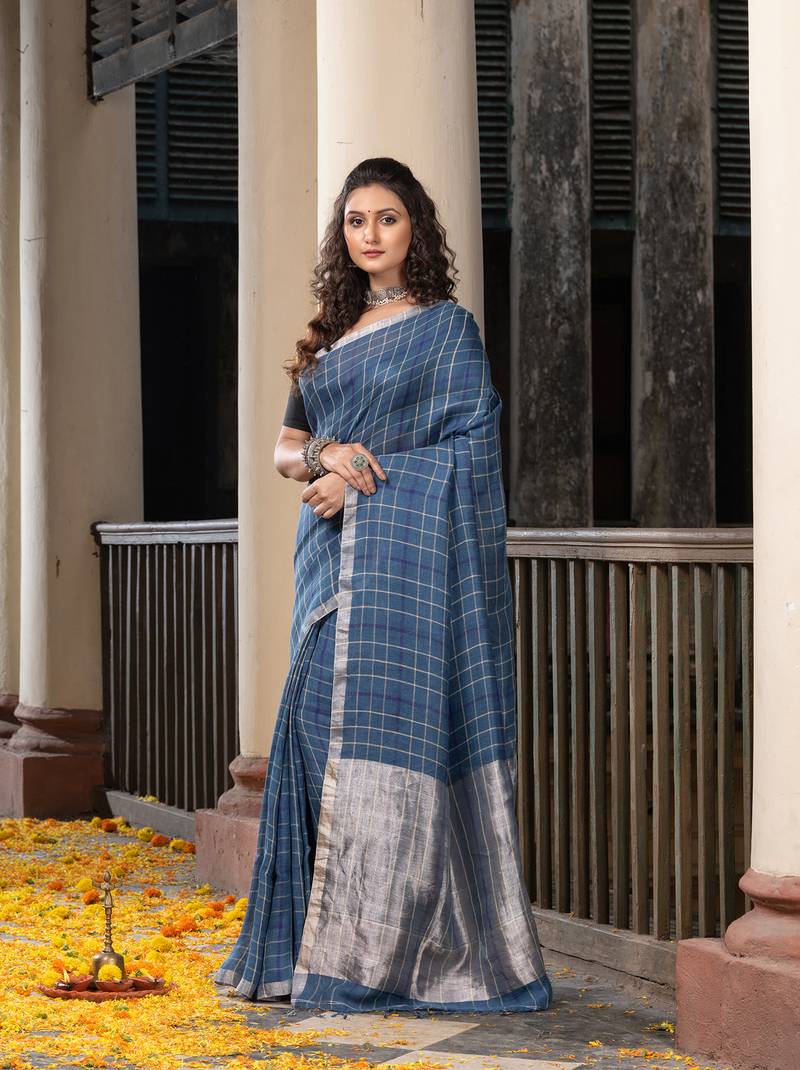 Denim Blue Linen All Body Check With Zari Pallu Handloom Saree