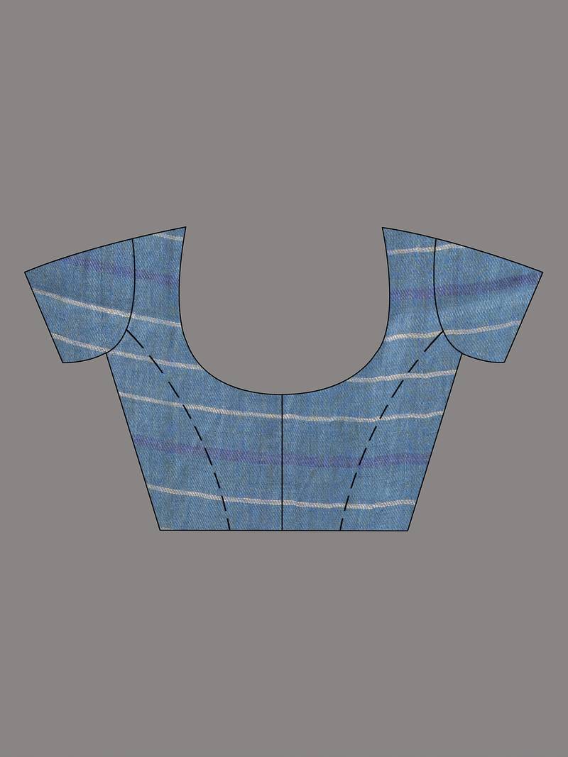 Denim Blue Linen All Body Check With Zari Pallu Handloom Saree