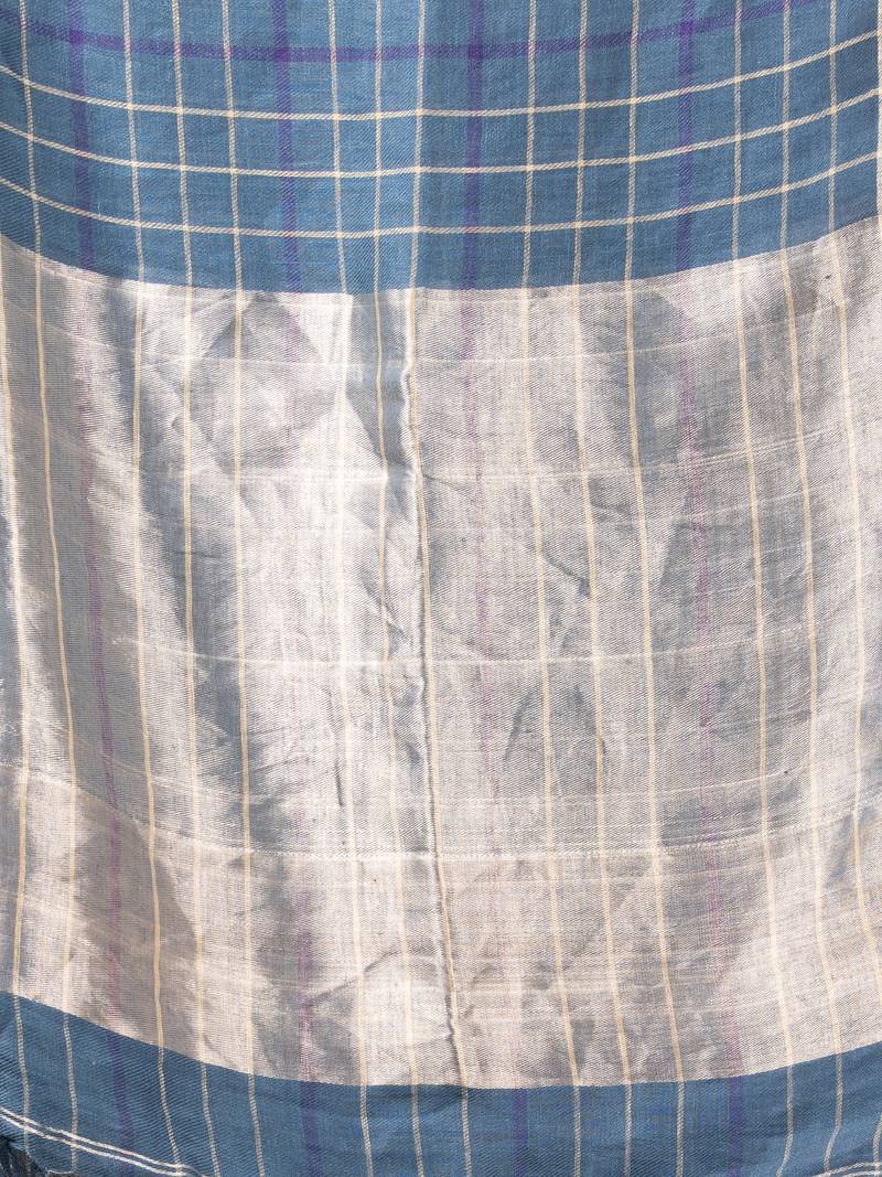 Denim Blue Linen All Body Check With Zari Pallu Handloom Saree