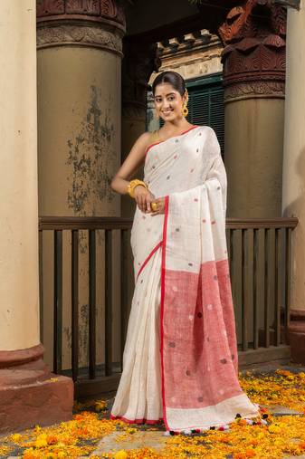 White Linen All Body Buti With Red Pallu Handloom Saree