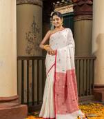White Linen All Body Buti With Red Pallu Handloom Saree