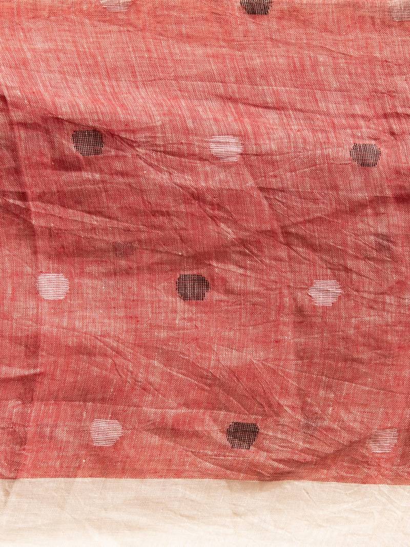 White Linen All Body Buti With Red Pallu Handloom Saree