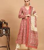 Vbuyz Women'S Kalamkari Print Alia Cut Cotton Dark Peach Stitched Kurta Pant With Dupatta