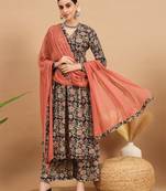 Vbuyz Women'S Kalamkari Print Alia Cut Cotton Black Stitched Kurta Palazzo With Dupatta