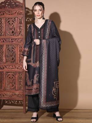 Vbuyz Women'S Digital Print Muslin Black Pakistani Style Stitched Kurta Palazzo With Dupatta 1