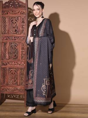 Vbuyz Women'S Digital Print Muslin Black Pakistani Style Stitched Kurta Palazzo With Dupatta 3